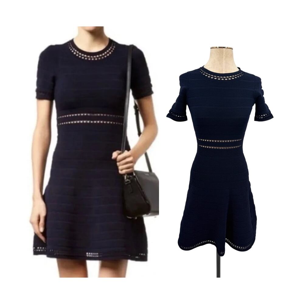 Sandro Riley Ribbed Knit Crochet Eyelet Fit & Flare Dress Navy Blue Size 1 US 4